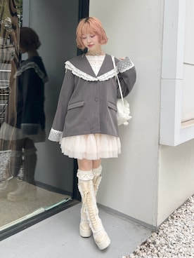 「merry jenny（メリージェニー）のレースセーラージャケット（テーラードジャケット、グレー系）」を使った、sumomoさん（レディース・156cm）の夏コーディネート