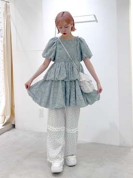 「merry jenny（メリージェニー）のバルーンパフミニワンピース（ワンピース、ブルー系）」を使った、sumomoさん（レディース・156cm）の夏コーディネート