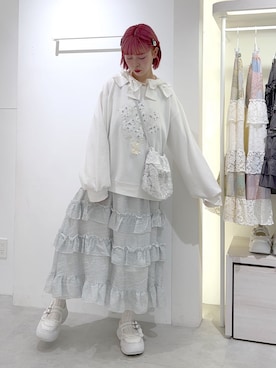 「merry jenny（メリージェニー）のflower dream dress（ワンピース、ブルー系）」を使った、sumomoさん（レディース・156cm）の秋コーディネート