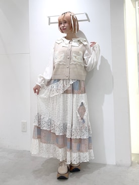 「merry jenny（メリージェニー）のアヒルジャガードニットベスト（ベスト、ピンク系）」を使った、sumomoさん（レディース・156cm）の秋コーディネート