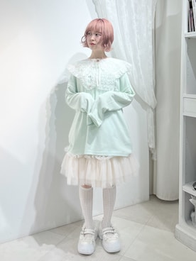 「merry jenny（メリージェニー）のinu！？チュールロンTee（Tシャツ/カットソー、グリーン系）」を使った、sumomoさん（レディース・156cm）の夏コーディネート