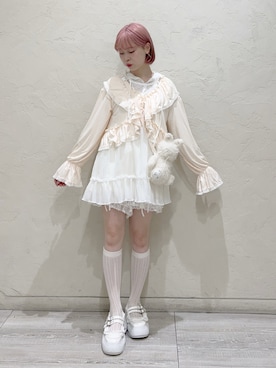 「merry jenny（メリージェニー）のカットティアードカーデイガン（カーディガン/ボレロ、ピンク系）」を使った、sumomoさん（レディース・156cm）の夏コーディネート