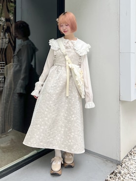 「merry jenny（メリージェニー）のapron jacquardワンピース（ワンピース、ホワイト系）」を使った、sumomoさん（レディース・156cm）の夏コーディネート