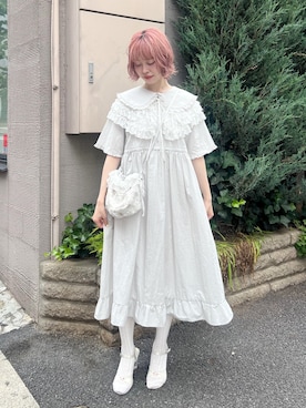 「merry jenny（メリージェニー）のbear刺繍シャツワンピース（ワンピース、グレー系）」を使った、sumomoさん（レディース・156cm）の夏コーディネート