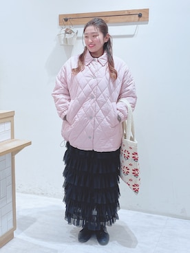 「ティアードスカート」｜「アイテム（ノーカラージャケット）」を使った、のざ🌳さん（レディース・164cm）の冬コーディネート