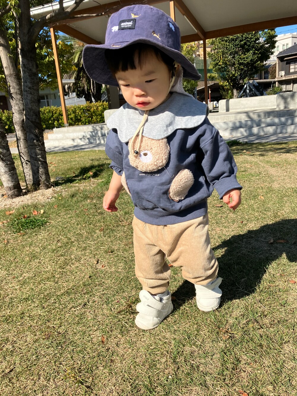 「しまむら」｜「しまむらの90サイズ（スウェット、ブルー系）」を使った、shii__san43さん（キッズ・80cm）の秋コーディネートの1枚目の写真