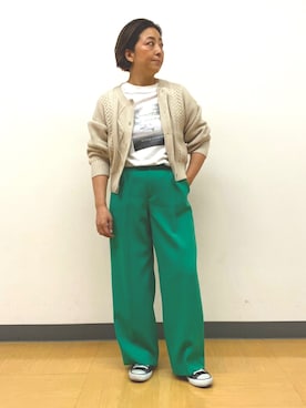 「INDIVI（インディヴィ）の【洗える】アラン編みショートカーディガン（カーディガン/ボレロ、ベージュ系）」を使った、ナオさん（レディース・162cm）の秋コーディネート