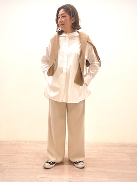 「INDIVI（インディヴィ）の【日本製/洗える】コットンシルクフリーゼニット（ニット/セーター、ベージュ系）」を使った、ナオさん（レディース・162cm）の春コーディネート