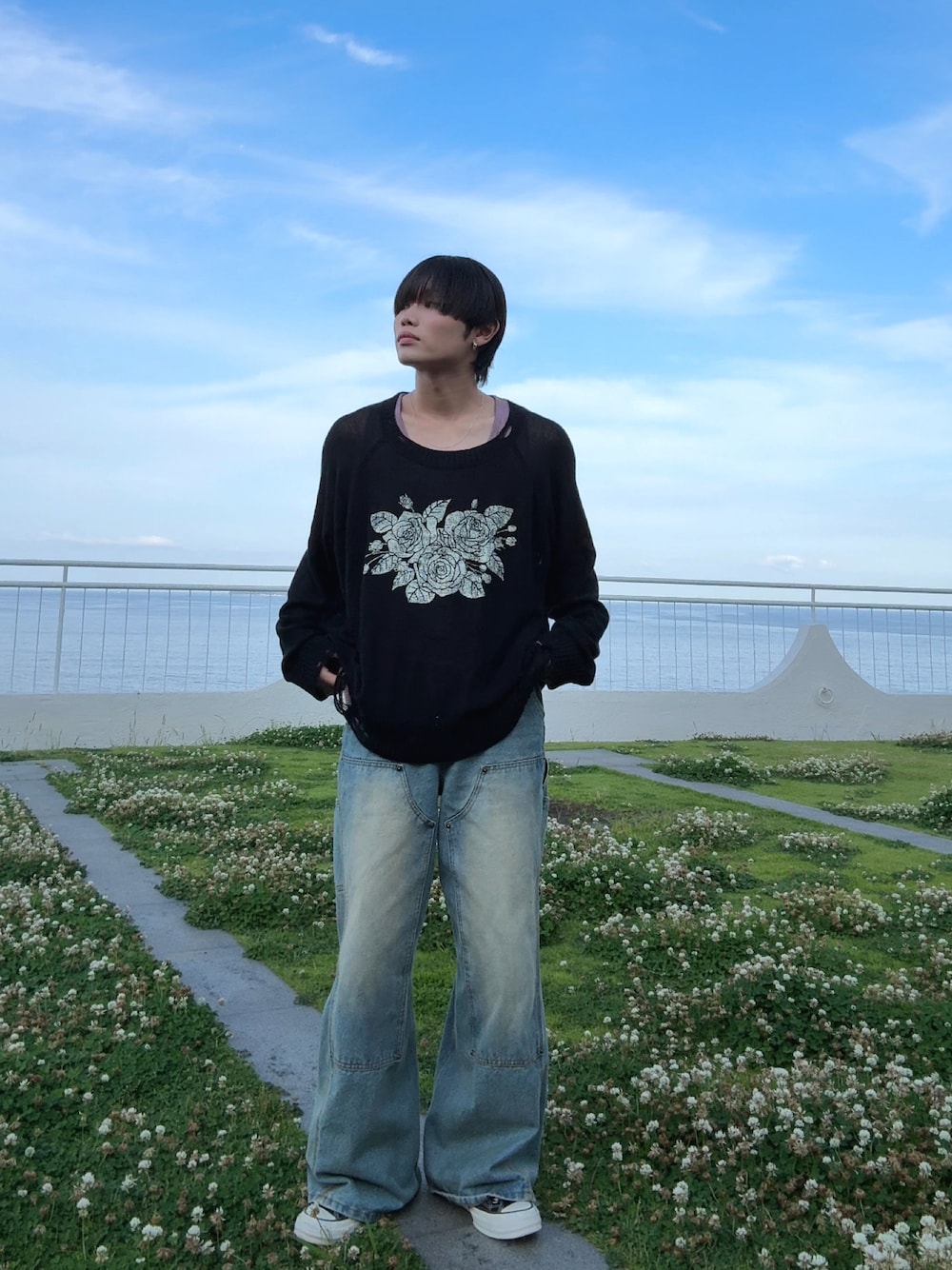 Camphor wood /フラワープリントシアーロングスリーブニット flower paint broken long sleeve sheer sweater / フラワー