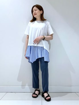 「INDIVI（インディヴィ）の【洗える】アシメシャツコンビTシャツ（Tシャツ/カットソー、ホワイト系）」を使った、akariさん（レディース・151cm）の夏コーディネート