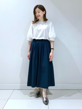 「INDIVI（インディヴィ）の【洗える/コットン100％】スリーブデザインプルオーバー（Tシャツ/カットソー、ホワイト系）」を使った、akariさん（レディース・151cm）の夏コーディネート