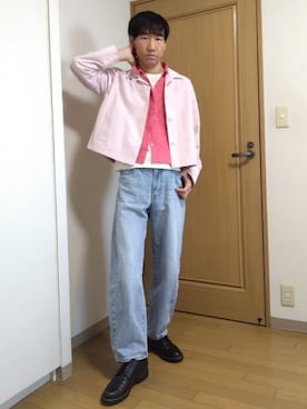 「UNIQLO（ユニクロ）のアイテム（シャツ/ブラウス、ピンク系）」を使った、特養介護士さん（メンズ・170cm）の春コーディネート