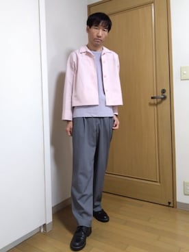 「UNIQLO（ユニクロ）のアイテム（ジャケット/アウター、ピンク系）」を使った、特養介護士さん（メンズ・170cm）の春コーディネート
