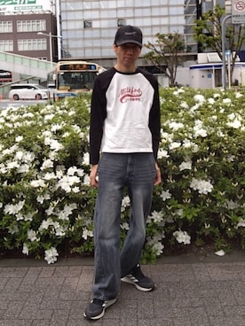 「MILKFED.（ミルクフェド）のLOGO PATCH B/B TEE（Tシャツ/カットソー、ホワイト系）」を使った、特養介護士さん（メンズ・170cm）の春コーディネート