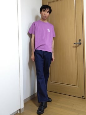 「X-girl（エックスガール）のROSE LOGO FADED S/S TEE（Tシャツ/カットソー、パープル系）」を使った、特養介護士さん（メンズ・170cm）の夏コーディネート
