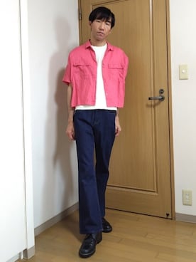 「UNIQLO（ユニクロ）のアイテム（シャツ/ブラウス、ピンク系）」を使った、特養介護士さん（メンズ・170cm）の春コーディネート