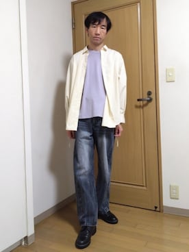 「AMERICAN HOLIC（アメリカンホリック）の【WEB限定】イージーケアバックギャザーリボンシャツ（シャツ/ブラウス、イエロー系）」を使った、特養介護士さん（メンズ・170cm）の春コーディネート