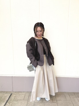 「アイテム（ノーカラージャケット）」を使った、MINAMIさん（レディース・155cm）の秋コーディネート