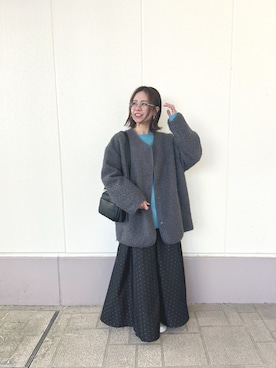 「アイテム（ノーカラージャケット）」を使った、MINAMIさん（レディース・155cm）の冬コーディネート