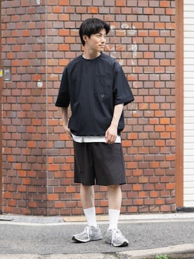 「ITEMS URBANRESEARCH（アイテムズ アーバンリサーチ）の『接触冷感/撥水/イージーケア/UVカット』タスランナイロンクルーネックドロストTシャツ（Tシャツ/カットソー、ブラック系）」を使った、uedaさん（メンズ・170cm）の夏コーディネート