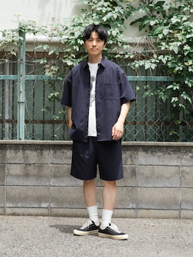 「ITEMS URBANRESEARCH（アイテムズ アーバンリサーチ）の『接触冷感/速乾/イージーケア』WINDY MESH ショートスリーブ シャツ（シャツ/ブラウス、ブルー系）」を使った、uedaさん（メンズ・170cm）の夏コーディネート