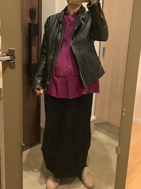 「アイテム（ライダースジャケット）」を使った、masemakoさん（レディース・150cm）の秋コーディネート