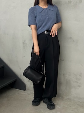 「select MOCA（セレクトモカ）のポロニットハーフスリーブトップス（ニット/セーター、ブルー系）」を使った、Renaさん（レディース・151cm）の春コーディネート