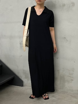 「select MOCA（セレクトモカ）の【サイズ展開あり】テレコロングポロワンピース（ワンピース、ブラック系）」を使った、Renaさん（レディース・151cm）の春コーディネート