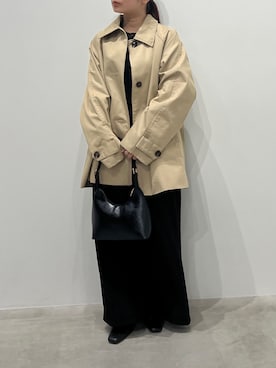 「select MOCA（セレクトモカ）のスクエアトゥフェイクレザースライドシューズ（スリッポン、ブラック系）」を使った、Renaさん（レディース・151cm）の春コーディネート