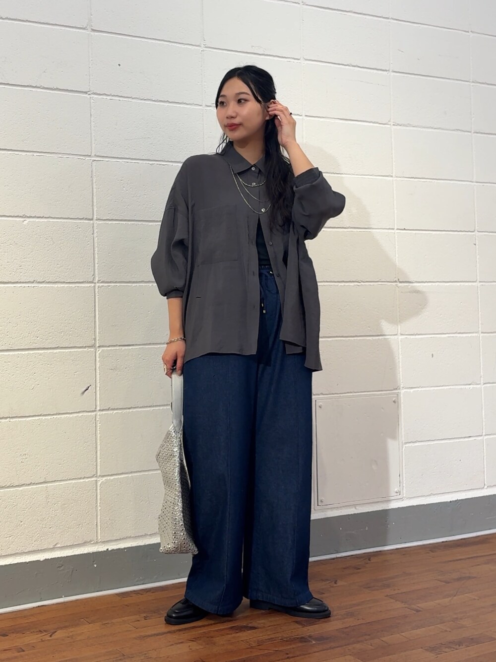 「Jena espace merveilleuxの《完売カラー追加検討中》【夏でも履ける】デニムイージーパンツ（デニムパンツ、ブルー系）」を使った、amuamuse7さん（レディース・160cm）の夏コーディネートの1枚目の写真