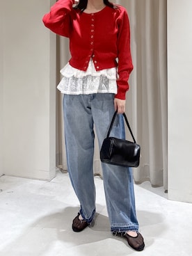 「FREE'S MART（フリーズマート）の◆リングドットボタンクルーネックニットカーディガン（ニット/セーター、レッド系）」を使った、maayaさん（レディース・157cm）の冬コーディネート