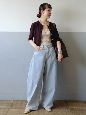 「アイテム（カーディガン/ボレロ、ブラウン系）」を使った、touharaさん（レディース・158cm）の夏コーディネート