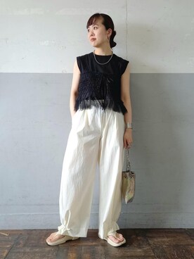 「クルーネック」｜「アイテム（その他シューズ）」を使った、touharaさん（レディース・158cm）の夏コーディネート