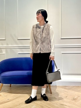 「MICO COULIER（ミコクリエ）のレッキスライクファーベスト（ブルゾン、ベージュ系）」を使った、kanazashiさん（レディース・159cm）の秋コーディネート