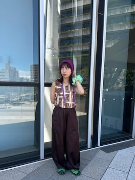 「アイテム（ニットキャップ/ビーニー、パープル系）」を使った、mogiさん（レディース・159cm）の夏コーディネート