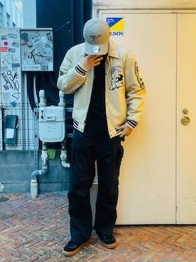 「秋」｜「アイテム（スタジャン）」を使った、庄子　恵さん（メンズ・179cm）の秋コーディネート