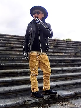 「いつもありがとうございます」｜「アイテム（ライダースジャケット）」を使った、halyanさん（メンズ・158cm）の秋コーディネート