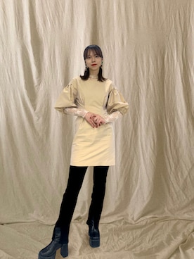 「LILY BROWN（リリーブラウン）のボリュームスリーブOPS（ワンピース、ベージュ系）」を使った、𓆙さん（レディース・163cm）の夏コーディネート