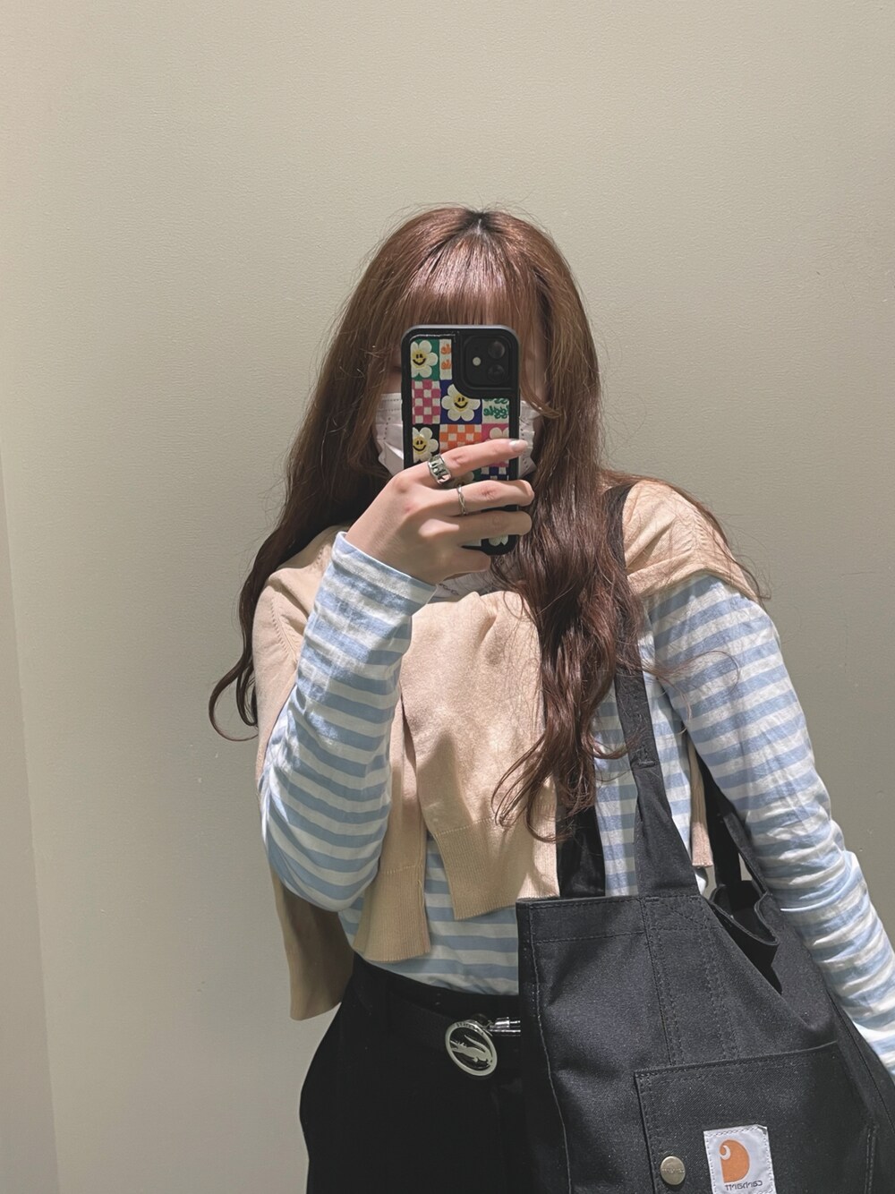 「低身長コーデ、休日スタイル、春コーデ、carhartt、H&M、LACOSTE、おしゃれさんと繋がりたい、着たいものを着る、コーディネート、プロデューサー巻き、ボーダー」｜「H&Mのアイテム（Tシャツ/カットソー、ブルー系）」を使った、iamka0010さん（レディース・154cm）の夏コーディネートの1枚目の写真