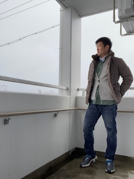 「fragment design（フラグメントデザイン）のアイテム（パンツ）」を使った、en  and outdoor unitさん（メンズ・182cm）の冬コーディネート