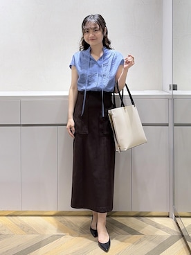「ROPE'（ロペ）の[美人スカート]ハイストレッチポケット付きタイトスカート/26SS・イージーケア（スカート、ブラウン系）」を使った、Yuukaさん（レディース・160cm）の夏コーディネート