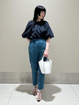 「ROPE'（ロペ）の【エディター三尋木奈保さんコラボ】前後2WAY華やぎバルーンスリーブブラウス【雑誌掲載】（シャツ/ブラウス）」を使った、mm＊さん（レディース・161cm）の夏コーディネート