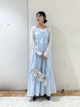 「w closet（ダブルクローゼット）の【5色展開/オリジナルタグデザイン】シアーショートカーディガン　夏服（Tシャツ/カットソー、ホワイト系）」を使った、ミナさん（レディース・159cm）の夏コーディネート