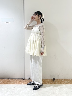 「w closet（ダブルクローゼット）のドットシアープルオーバー（Tシャツ/カットソー、ホワイト系）」を使った、ミナさん（レディース・159cm）の秋コーディネート