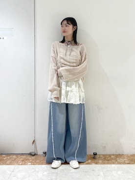 「w closet（ダブルクローゼット）の【5色展開】ラメメッシュドロストニット（ニット/セーター、ピンク系）」を使った、ミナさん（レディース・159cm）の春コーディネート