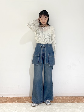 「w closet（ダブルクローゼット）の花柄パッチワークT（Tシャツ/カットソー、ホワイト系）」を使った、ミナさん（レディース・159cm）の春コーディネート