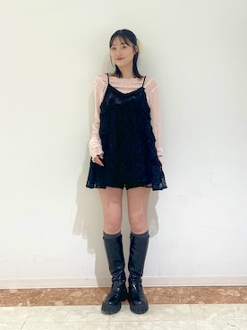 「w closet（ダブルクローゼット）のフロントギャザープルオーバー（Tシャツ/カットソー、ピンク系）」を使った、ミナさん（レディース・159cm）の春コーディネート