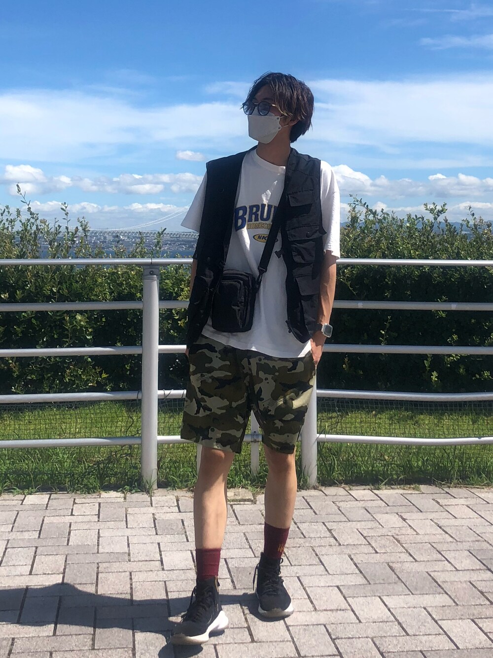 「夏コーデ、Tシャツ、ゆるコーデ、お洒落さんとつながりたい、NIKE、GU、ストリート、柄パンツ、プチプラ、プチプラコーデ」｜「NIKEのナイキ DRI-FIT 2L カモ ショート（その他パンツ、グリーン系）」を使った、ゆーすけさん（メンズ・178cm）の夏コーディネートの1枚目の写真