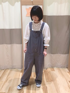 「レースブラウス」｜「アイテム（サロペット/オーバーオール）」を使った、なかむらさん（レディース・152cm）の秋コーディネート