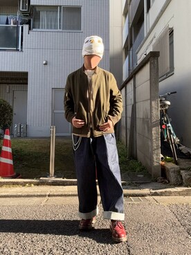 「アイテム（ニットキャップ/ビーニー）」を使った、記録さん（メンズ・163cm）の冬コーディネート